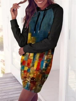 Women's Casual Dress Hoodie Dress Winter Dress Geometric Color Block Print Hooded Mini Dress Fashion Streetwear Outdoor Daily Long Sleeve Loose Fit Navy Blue Blue Rainbow Fall Winter S M L XL XXL -HANs Plus Size Style Shop ajmdwe1694153551858