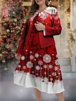 Women's Plus Size Curve Christmas Dress Casual Dress Dress Set Snowflake Midi Dress Long Sleeve Print Crew Neck Fashion Outdoor Wine Fall Winter L XL XXL 3XL 4XL