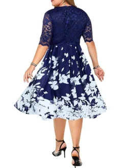 Women‘s Plus Size Curve Party Dress Floral V Neck Lace Half Sleeve Fall Spring Work Vintage Midi Dress Daily Vacation Dress Homecoming Dress Print -HANs Plus Size Style Shop ajpfxg1615976580513