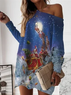 Women‘s Christmas Casual Dress Sweatshirt Dress Mini Dress Warm Fashion Outdoor Holiday Crew Neck Print Geometric Santa Claus Loose Fit White Rusty Red Red S M L XL XXL