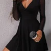 Women's Casual Dress A Line Dress Mini Dress Black Wine Long Sleeve Pure Color Mesh Summer Spring V Neck Fashion Vacation Fall Dress 2023 S M L XL