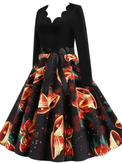 Women's Christmas Knee Length Dress Wine Green Orange Black Red Brown Navy Blue Long Sleeve Print Bow Print Fall Winter V Neck Casual Vintage2021 S M L XL XXL 3XL -HANs Plus Size Style Shop ajwsik1629971428304