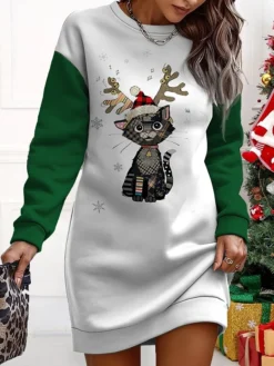 Women's Christmas Casual Dress Sweatshirt Dress Mini Dress Warm Fashion OutdoorVacation Crew Neck Print Animal Loose Fit Black Green S M L XL XXL -HANs Plus Size Style Shop akerkn1695365295221
