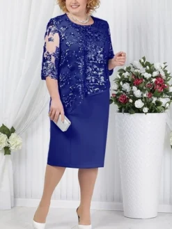 Women's Plus Size Party Dress Shift Dress Semi Formal Dress Midi Dress Red Blue Light Blue Half Sleeve Paisley Lace Summer Spring Fall Crew Neck Elegant Wedding Guest Spring Dress 2023 L XL XXL 3XL -HANs Plus Size Style Shop akfpjd1557916587874