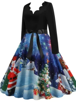 Women's Christmas Casual Dress Swing Dress Midi Dress Blue Purple Royal Blue Light Blue White Long Sleeve Santa Claus Elk Tree Bow Print Winter Fall V Neck Vacation Vintage 2022 S M L XL -HANs Plus Size Style Shop akkjil1666927315283