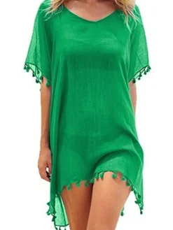 Women's Cover Up Beach Dress Beach Wear Mini Dress Tassel Fringe Basic Casual Plain V Neck Half Sleeve Loose Fit Outdoor Daily Black White 2023 Spring Summer M -HANs Plus Size Style Shop aktkcw1672903128771