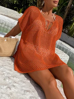 Women's Cover Up Beach Dress Beach Wear Mini Dress Hole Casualy Plain V Neck Short Sleeve Loose Fit Outdoor Daily Black White 2023 Spring Summer One Size -HANs Plus Size Style Shop akxxli1673338619808