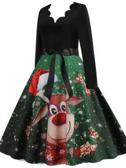 Women's Christmas Swing Dress Vintage Dress Midi Dress Green Blue Purple Long Sleeve Santa Claus Bow Winter Fall Autumn V Neck Fashion Daily Date 2022 S M L XL XXL 3XL -HANs Plus Size Style Shop alciof1667894681316