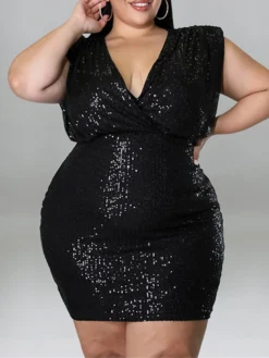 Women‘s Plus Size Curve Party Dress Solid Color V Neck Sequins Short Sleeve Spring Summer Sequins Prom Dress Short Mini Dress Party Back To School Dress Sequin Dress Homecoming Dress