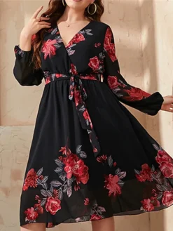 Women's Plus Size Curve Party Dress Cocktail Dress Wedding Guest Dress Midi Dress Black Long Sleeve Flower Lace Up Summer Spring Fall V Neck Fashion Wedding Guest Vacation Fall Dress L XL XXL 3XL 4XL -HANs Plus Size Style Shop allhkb1692170539710