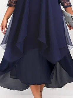 Women‘s Plus Size Curve Work Dress Chiffon Dress Swing Dress Solid Color Long Dress Maxi Dress 3/4 Length Sleeve Lace Layered V Neck Fashion Outdoor Wine Dark Blue Summer Spring L XL XXL 3XL 4XL -HANs Plus Size Style Shop alpqyd1676286097148