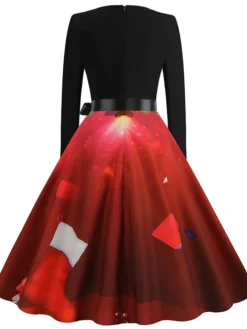 Women's Christmas Casual Dress Swing Dress Midi Dress Green Wine Light Red Fuchsia Red Long Sleeve Santa Claus Elk Bow Print Winter Fall V Neck Vacation Vintage 2022 S M L XL XXL 3XL -HANs Plus Size Style Shop alpyuu1666761910940