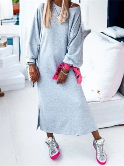 Women's Casual Dress Sweatshirt Dress Winter Dress Long Dress Maxi Dress Split Outdoor Street Daily Active Fashion Crew Neck Long Sleeve 2023 Loose Fit Gray Color S M L XL Size -HANs Plus Size Style Shop alqpuk1695292952458