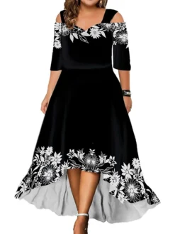 Women‘s Plus Size Curve Party Dress Wedding Guest Dress Swing Dress Long Dress Maxi Dress Black Blue Purple 3/4 Length Sleeve Floral Cold Shoulder Summer Spring Fall V Neck Fashion Birthday -HANs Plus Size Style Shop alyteu1690428447179