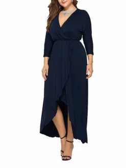Women's Plus Size Work Dress Black Dress A Line Dress Fashion Long Dress Maxi Dress Ruched V Neck Long Sleeve Plain Loose Fit Black Wine Dark Green Fall XL XXL 3XL 4XL -HANs Plus Size Style Shop alzkff1693203510603