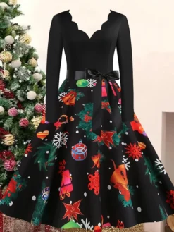 Women's Christmas Casual Dress Swing Dress Vintage Dress Midi Dress Black Wine Orange Long Sleeve Animal Bow Winter Fall Autumn V Neck 2022 S M L XL XXL 3XL -HANs Plus Size Style Shop amiffo1668072722306