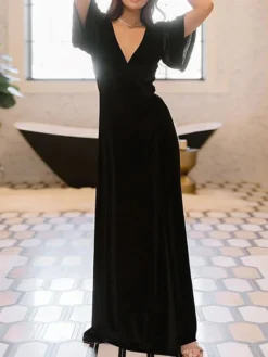 Women's Christmas Dress Casual Dress Velvet Dress Long Dress Maxi Dress Lace Up Split Outdoor Christmas Daily Fashion Elegant V Neck Short Sleeve 2023 Regular Fit Black Wine Gold Color S M L XL XXL -HANs Plus Size Style Shop amoetg1693897062678