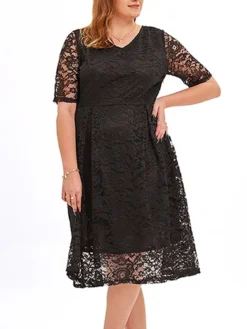 Women‘s Plus Size Curve Party Dress Lace Dress Cocktail Dress Midi Dress Black Pink Wine Half Sleeve Pure Color Lace Summer Spring Fall V Neck Fashion Birthday Wedding Guest Vacation 2023 -HANs Plus Size Style Shop amxpvz1691564493845