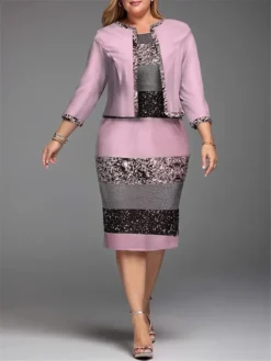 Women's Plus Size Curve Casual Dress Dress Set Two Piece Dress Gradient Stripe Midi Dress Long Sleeve Print Crew Neck Fashion Outdoor Pink Blue Fall Winter L XL XXL 3XL 4XL -HANs Plus Size Style Shop ancotd1695362843983