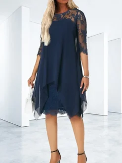 Women's Casual Dress Lace Dress Shift Dress Mini Dress Black Wine Blue 3/4 Length Sleeve Pure Color Lace Summer Spring Crew Neck Fashion 2023 S M L XL XXL 3XL 4XL 5XL -HANs Plus Size Style Shop angndv1671076804698