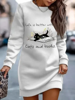 Women's Sweatshirt Dress Casual Dress Mini Dress Warm Fashion Outdoor Vacation Going Out Crew Neck Print Print Regular Fit White Blue Fuchsia S M L XL XXL -HANs Plus Size Style Shop anhfni1697706681911