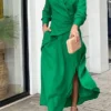 Women's Casual Dress Sheath Dress Plain Dress Long Dress Maxi Dress Ruched Split Daily Date Going Out Active Fashion V Neck Long Sleeve 2023 Regular Fit Green Color S M L XL XXL Size