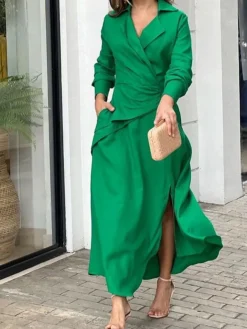 Women's Casual Dress Sheath Dress Plain Dress Long Dress Maxi Dress Ruched Split Daily Date Going Out Active Fashion V Neck Long Sleeve 2023 Regular Fit Green Color S M L XL XXL Size