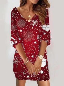 Women's Christmas Sweatshirt Dress Shift Dress Mini Dress Green Red 3/4 Length Sleeve Graphic Print Winter Fall Autumn V Neck Fashion Christmas Loose Fit 2022 S M L XL XXL 3XL -HANs Plus Size Style Shop anodxb1667797954904