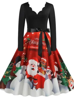 Women's Christmas Casual Dress Swing Dress Midi Dress Green Wine Light Red Fuchsia Red Long Sleeve Santa Claus Elk Bow Print Winter Fall V Neck Vacation Vintage 2022 S M L XL XXL 3XL -HANs Plus Size Style Shop anppwj1666761911226