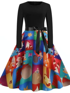 Women's Christmas Swing Dress Vintage Dress Midi Dress Green Blue Light Green Long Sleeve Santa Claus Bow Winter Fall Autumn Crew Neck Fashion Daily Date 2022 S M L XL XXL 3XL -HANs Plus Size Style Shop anrnew1667894614476