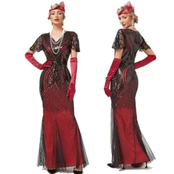 Women's Retro 1920s Sequin Dress Long Dress Maxi Dress Party Halloween Sequins Mesh Geometric V Neck Sleeveless Regular Fit Spring Fall 2023 Black Red XS S M L