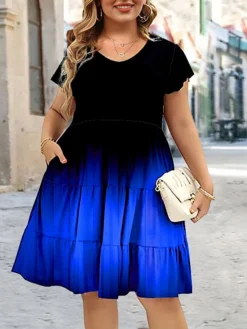 Women‘s Plus Size Curve Casual Dress A Line Dress Floral Gradient Midi Dress Short Sleeve Print Crew Neck Romantic Daily Light Green Red Summer Spring L XL XXL 3XL 4XL -HANs Plus Size Style Shop aokoth1678357851942