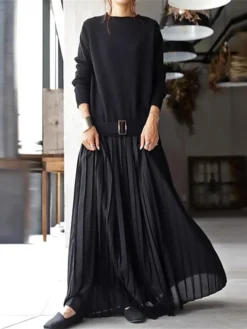 Women's Casual Dress Chiffon Dress Swing Dress Long Dress Maxi Dress Pleated Patchwork Outdoor Daily Vacation Fashion Streetwear Crew Neck Long Sleeve 2023 Loose Fit Black Pink Green Color One-Size -HANs Plus Size Style Shop aokwcg1696434271588
