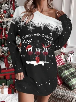 Women's Christmas Dress Sweatshirt Dress Mini Dress Warm Fashion Outdoor Christmas Holiday Crew Neck Print Christmas Tree Snowflake Loose Fit Black White Wine S M L XL XXL