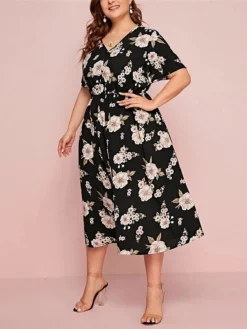 Women‘s Plus Size Curve Casual Dress A Line Dress Floral Dress Floral Midi Dress Short Sleeve Print V Neck Fashion Daily Black White Spring Summer L XL XXL 3XL