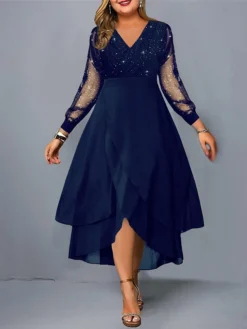 Women‘s Plus Size Curve Party Dress Lace Dress Black Dress Swing Dress Plain Long Dress Maxi Dress Long Sleeve Ruffle Mesh V Neck Fashion Party Wine Fall Winter L XL XXL 3XL 4XL -HANs Plus Size Style Shop aoyxiu1694584596365