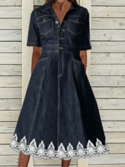Women's Denim Dress Maxi Long Dress Denim Sexy Casual Daily Vacation V Neck Lace Ruched Short Sleeve Summer Spring 2023 Regular Fit Dusty Blue Floral Print S M L XL XXL