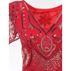 Women's Retro 1920s Fringe Dress Midi Dress Party Halloween Sequins Tassel Fringe Floral V Neck Short Sleeve Regular Fit Spring Fall 2023 Silver Red S M L XL -HANs Plus Size Style Shop aozmeq1692856713077