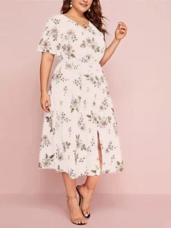 Women‘s Plus Size Curve Casual Dress A Line Dress Floral Dress Floral Midi Dress Short Sleeve Print V Neck Fashion Daily Black White Spring Summer L XL XXL 3XL -HANs Plus Size Style Shop aprfon1672800360880