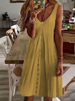 Women's Casual Dress Tank Dress Summer Dress Plain Ruched Button Strap Midi Dress Fashion Streetwear Outdoor Street Sleeveless Regular Fit Yellow Pink Wine Summer Spring S M L XL -HANs Plus Size Style Shop aqbhhd1678188045751