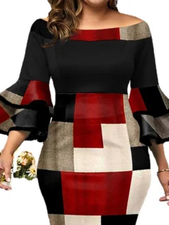 Women‘s Plus Size Curve Work Dress Bodycon Sheath Dress Plaid Midi Dress 3/4 Length Sleeve Backless Crew Neck Fashion Office Red Fall Spring XL XXL 3XL 4XL 5XL -HANs Plus Size Style Shop aqryxw1672900198018