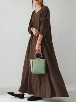 Women's Long Dress Maxi Dress Casual Dress Shift Dress Swing Dress Pure Color Casual Classic Daily Weekend Pocket Long Sleeve V Neck Dress Loose Fit Black Yellow Navy Blue Winter Fall S M L XL XXL -HANs Plus Size Style Shop aqykmf1672293427747