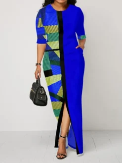 Women‘s Plus Size Curve Work Dress Print Crew Neck Split Half Sleeve Spring Fall Stylish Elegant Maxi Long Dress Formal Work Dress