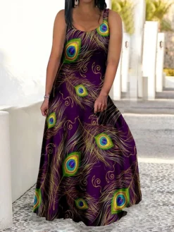 Women's Plus Size Curve Casual Dress Swing Dress Strap Dress Peacock Feather Maxi Long Dress Sleeveless Print Strap Romantic Daily Deep Purple Deep Green Summer Spring L XL XXL 3XL 4XL -HANs Plus Size Style Shop arofeh1680773048343