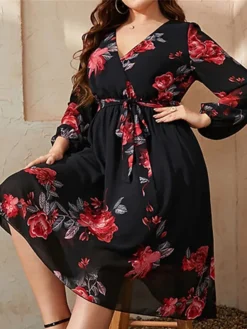 Women's Plus Size Curve Party Dress Cocktail Dress Wedding Guest Dress Midi Dress Black Long Sleeve Flower Lace Up Summer Spring Fall V Neck Fashion Wedding Guest Vacation Fall Dress L XL XXL 3XL 4XL -HANs Plus Size Style Shop arqxmy1692170540577