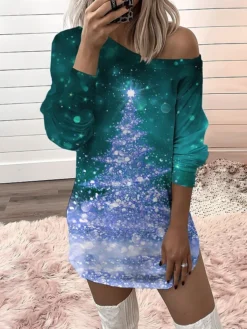 Women‘s Christmas Casual Dress Sweatshirt Dress Mini Dress Warm Fashion Outdoor Holiday Crew Neck Print Tree Loose Fit Red Purple Green S M L XL XXL -HANs Plus Size Style Shop arrlwn1694576819800