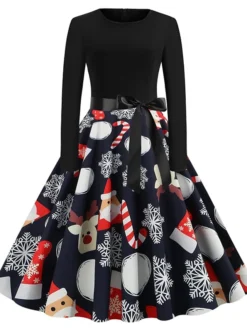 Women's Christmas Swing DressKnee Length Dress Black And White White Light Red Gold Red Long Sleeve Elk Snowman Bell Bow Print Fall Winter Round Neck Vintage Elegant 2022 S M L XL 2XL -HANs Plus Size Style Shop aruoij1634125863896