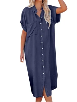 Women's Casual Dress Denim Shirt Dress Midi Dress Denim Fashion Casual Outdoor Daily Vacation Shirt Collar Button Pocket Short Sleeve Summer Spring Fall 2023 Loose Fit Navy Blue Blue Sky Blue Plain S -HANs Plus Size Style Shop arwwlf1675073411681