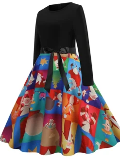 Women's Christmas Swing Dress Vintage Dress Midi Dress Green Blue Light Green Long Sleeve Santa Claus Bow Winter Fall Autumn Crew Neck Fashion Daily Date 2022 S M L XL XXL 3XL -HANs Plus Size Style Shop arzlnr1667894614890