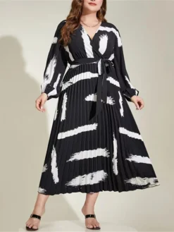 Women's Plus Size Curve Work Dress Swing Dress Black Dress Fashion Long Dress Maxi Dress Lace Up Print V Neck Long Sleeve Graffiti Regular Fit Black Fall Winter L XL XXL 3XL 4XL -HANs Plus Size Style Shop ashbhl1693300600964